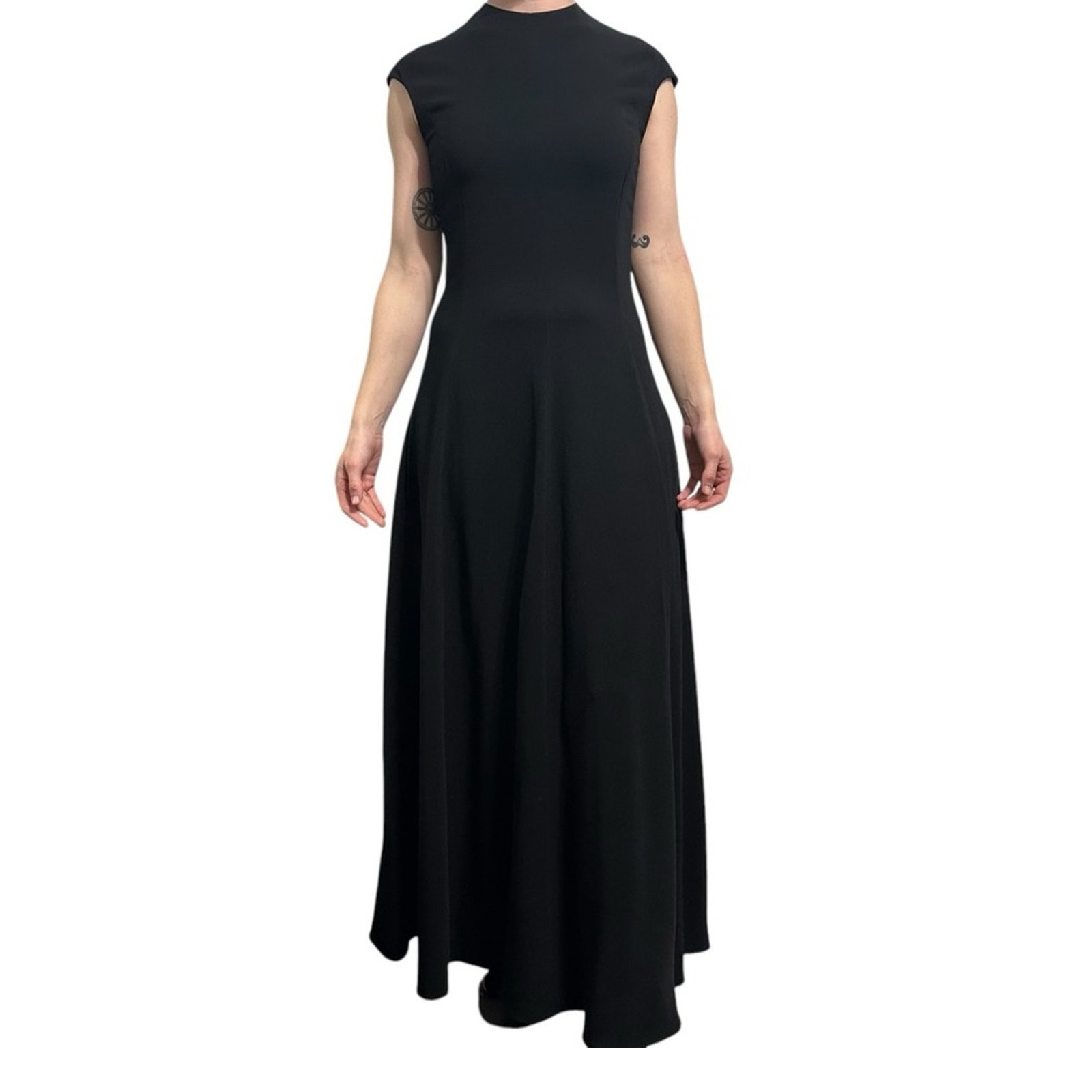 The Row Erscher Black Cady Maxi Dress Us 0 High Neck Minimalist Pockets Auth